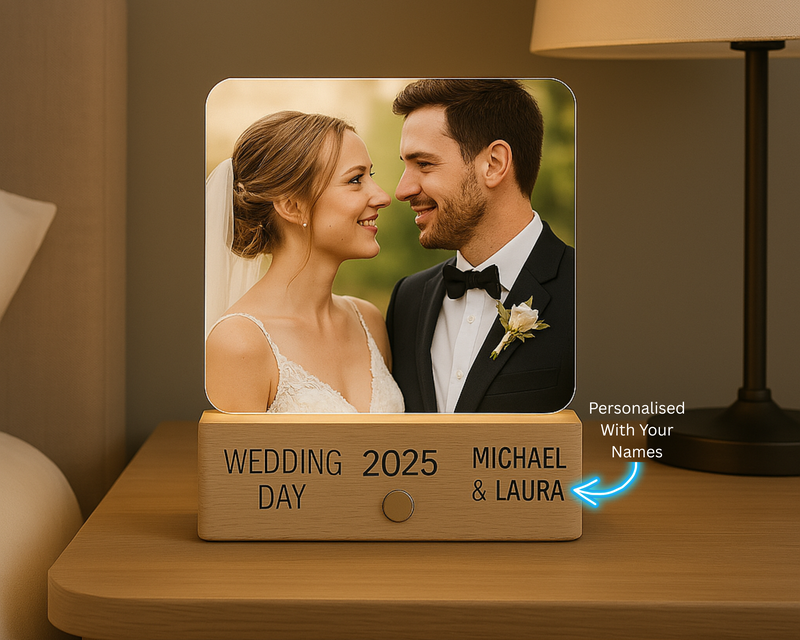 Custom Wedding Photo Night Light – Custom Photo Acrylic Lamp with Timber Base | Bride & Groom Keepsake | Engagement or Wedding Gift